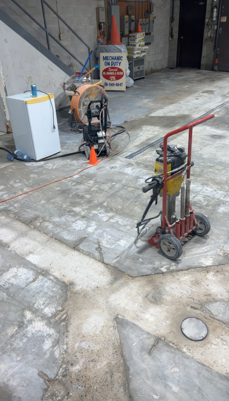 Prepared concrete floor before flake epoxy installation